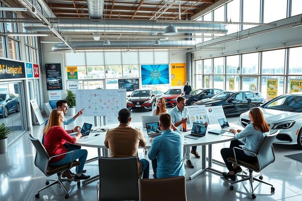 Profissionais de marketing discutindo estratégias digitais em uma concessionária.