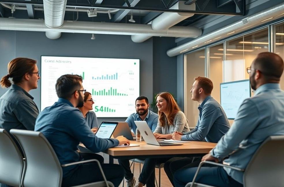 Equipe de marketing digital em reunião com foco em estratégias de Google Ads.